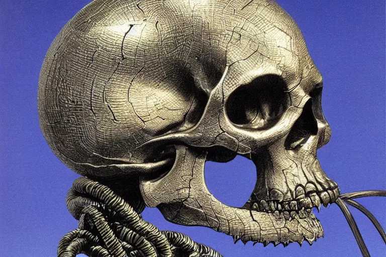 Image similar to metallic skull atop pile of coiled steel cable, style by caspar david friedrich and wayne barlowe and ted nasmith.