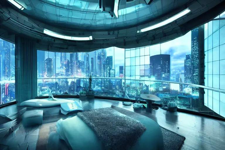 Image similar to a futuristic bedroom with large curved ceiling high windows looking out to a far future cyberpunk cityscape, cyberpunk neon lights, raining, scifi