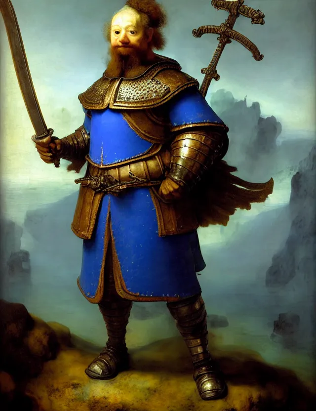 Prompt: anthropomorphic bipedal royal blue tang that is wearing full steel plate armor, and holding a colossal sword in his hand, as a matte oil painting and d & d character art, by rembrandt, standing, fullbody, lots of bubbles, sea foam, saltwater, ocean, award - winning, extremely detailed, sharp focus