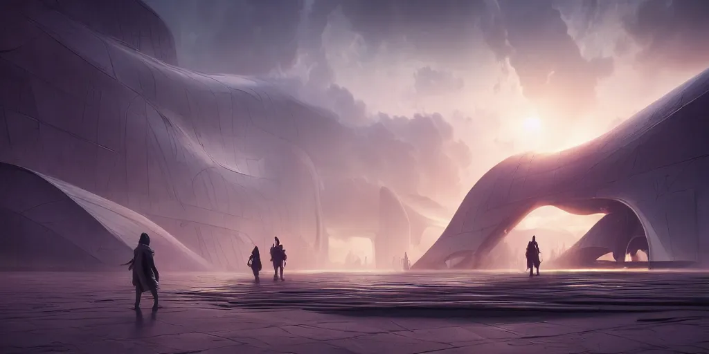 Image similar to the gods meeting at olympus, by tim blandin and arthur haas and bruce pennington and john schoenherr, big windows architecture by zaha hadid, octane render, warm colour scheme, white, cinematic, scenery, cgsociety, modernism, futuristic, trending on artstation, sci - fi, high detail, high quality, close up angle, people walking