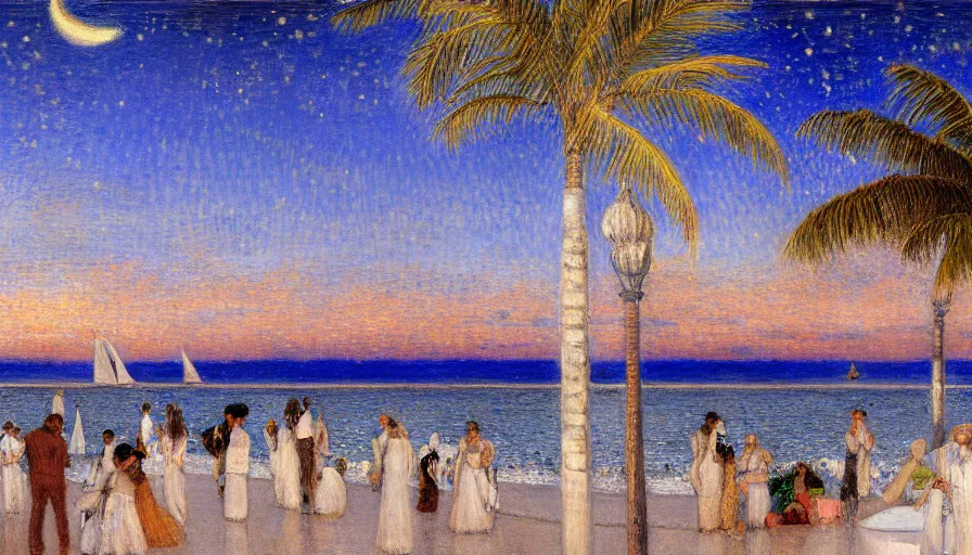 Image similar to a ultradetailed beautiful painting of the night sky of the amazonas golden white palace balustrade designed by jules bastien - lepage, tarsila do amaral, frank weston and gustave baumann, beach, trending on artstation, mediterranean, palm trees, sharp focus, sail boats, soft light, 8 k 4 k