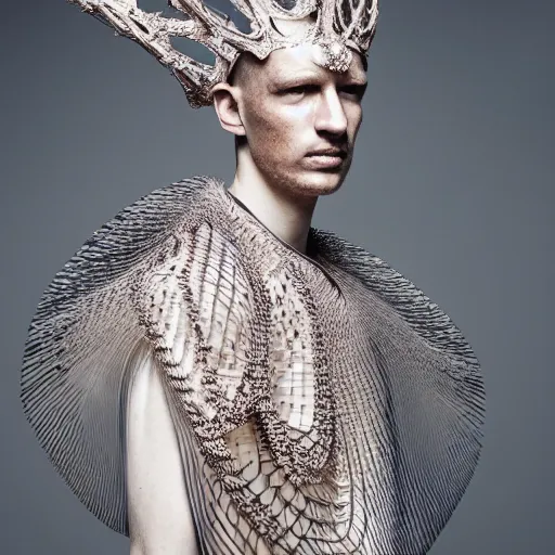 Prompt: a beautiful king wearing iris van herpen couture, photographed by andrew thomas huang