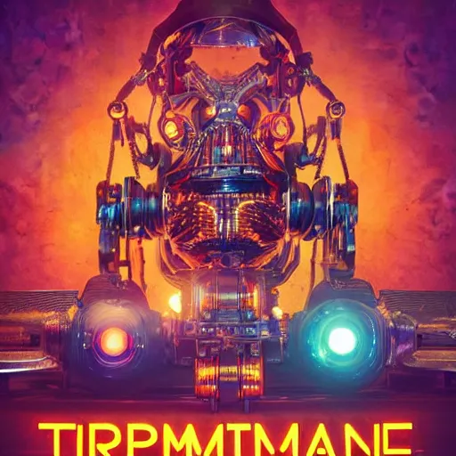 Image similar to movieposter art, movie is called tripmachine, tripmachine, photo of a huge futuristic steampunk machinery made of instruments, 8 k, fluorescent colors, halluzinogenic, multicolored, exaggerated detailed, front shot, 3 d render, octane
