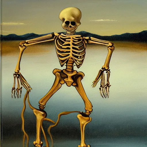 Prompt: oil painting of a skeleton wearing white robes scooping liquid out of a golden pond