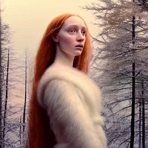 Image similar to photographic portrait of a stunningly beautiful english renaissance female in soft dreamy light at sunset, frozen forest, soft focus, contemporary fashion shoot, in a denis villeneuve and tim burton movie, by edward robert hughes, annie leibovitz and steve mccurry, david lazar, jimmy nelsson, extremely detailed, breathtaking, hyperrealistic, perfect face, octane render