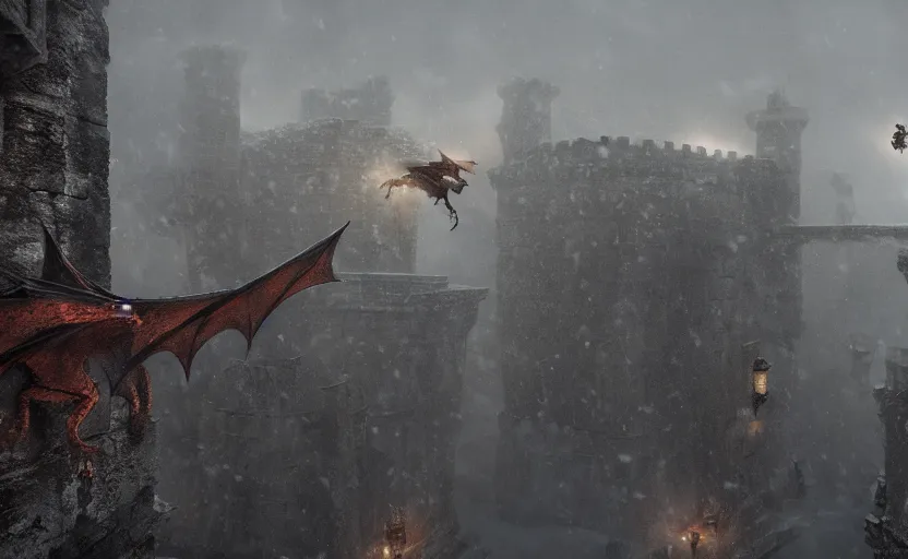 Image similar to A dragon flying over the high city wall in the snowstorm, doomy, Unreal Engine, cinematic photography, highly-detailed, games of thrones, HBO, high resolution