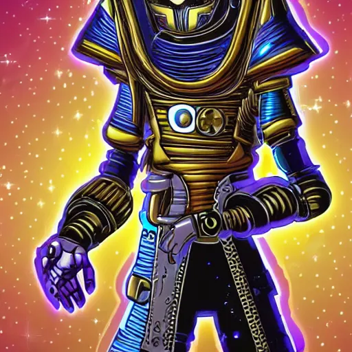 Prompt: space pharaoh with a cybernetic gauntlet, steampunk theme, futuristic environment, epic background