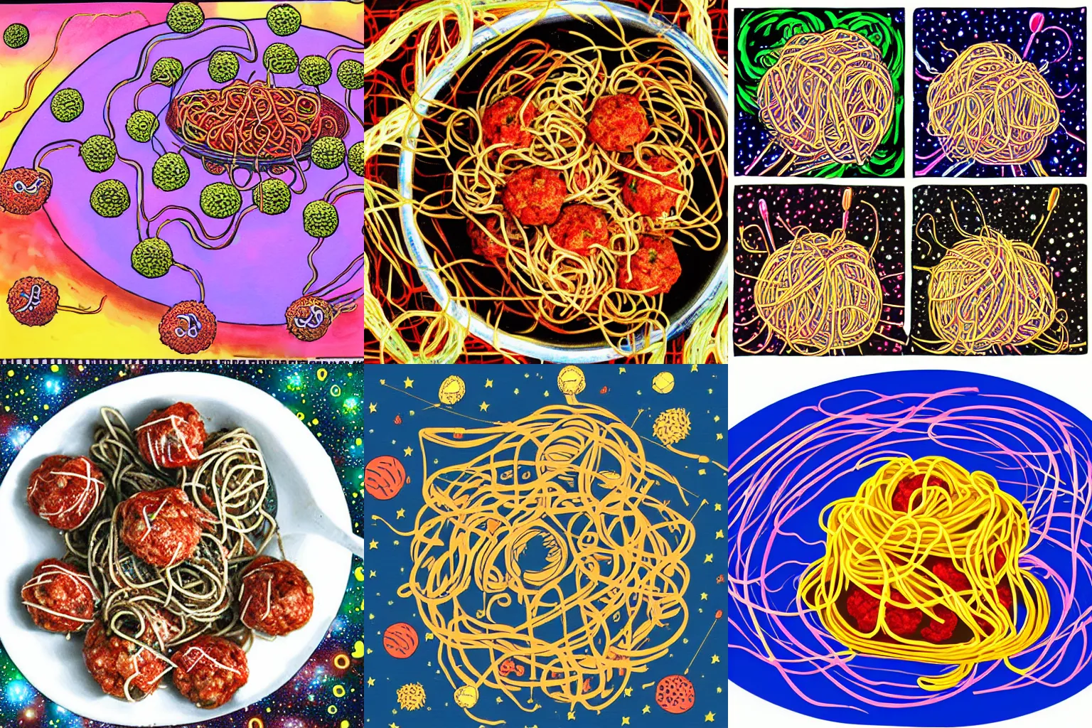 Prompt: cosmic spaghetti and meatballs