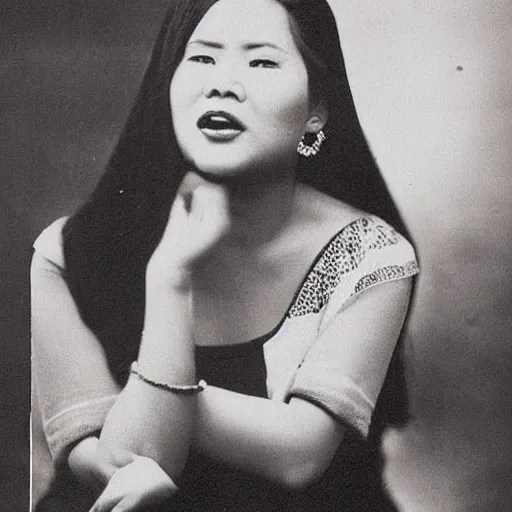 Image similar to vintage photograph of indonesian female singer, haunting expression