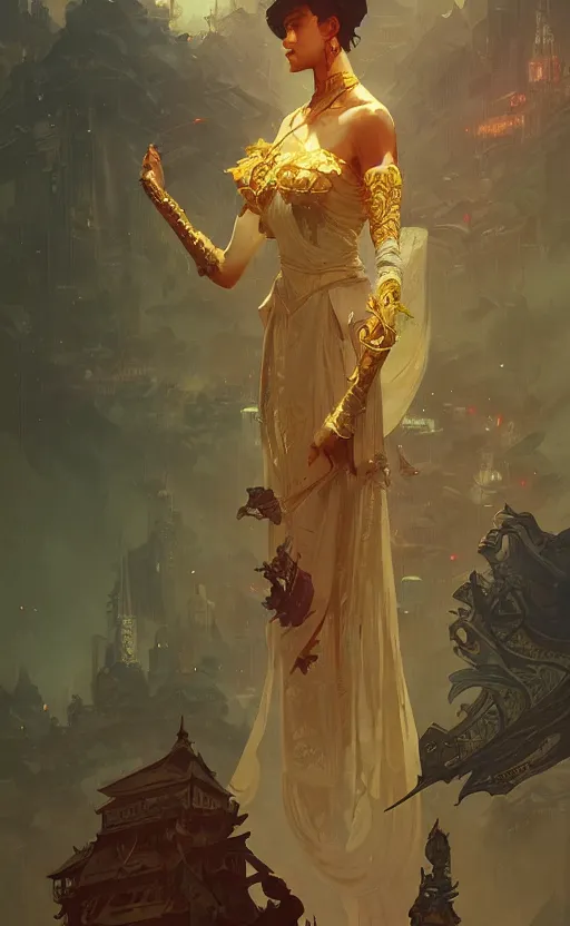 Prompt: personification of singapore, highly detailed, digital painting, artstation, concept art, sharp focus, illustration, art by greg rutkowski and alphonse mucha
