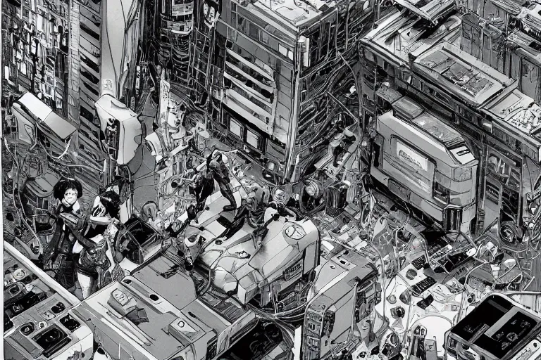 Prompt: a hyper-detailed cyberpunk illustration with a group of android females lying over an empty floor in various poses, with their bodies open and cables and wires coming out, by masamune shirow and katsuhiro otomo, view from above, close up