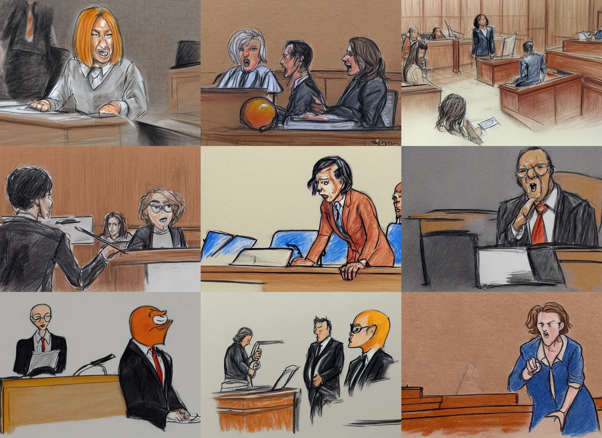 Prompt: courtroom sketch of sayl goodman defending the annoying orange in court, high quality