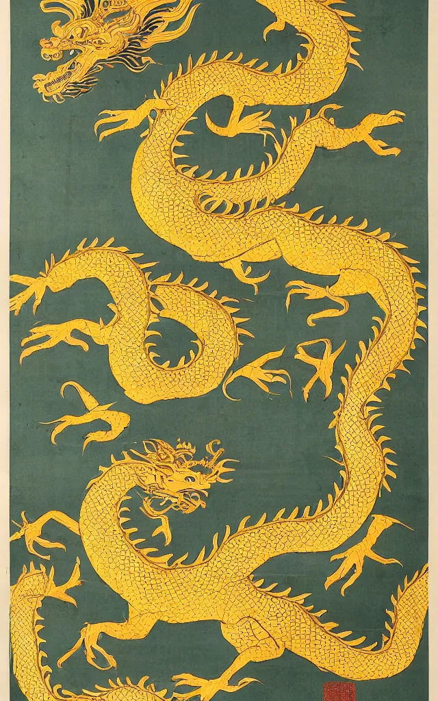 Prompt: a chinoiserie poster depicting a golden dragon