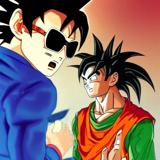 Image similar to portrait of goku from dragon ball wearing shades with michael jackson incredibly detailed, color, smooth, concept art, illustration,