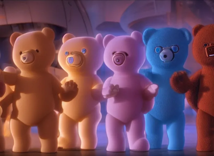 Prompt: film still of cyberpunk care bears in the fifth element movie, 4 k