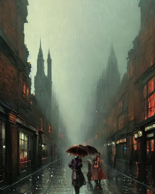 Image similar to a highly detailed epic cinematic concept art CG render digital painting artwork: Victorian London, raining. By Greg Rutkowski, in the style of Francis Bacon and Syd Mead and Norman Rockwell and Beksinski, open ceiling, highly detailed, painted by Francis Bacon and Edward Hopper, painted by James Gilleard, surrealism, airbrush, Ilya Kuvshinov, WLOP, Stanley Artgerm, very coherent, triadic color scheme, art by Takato Yamamoto and James Jean