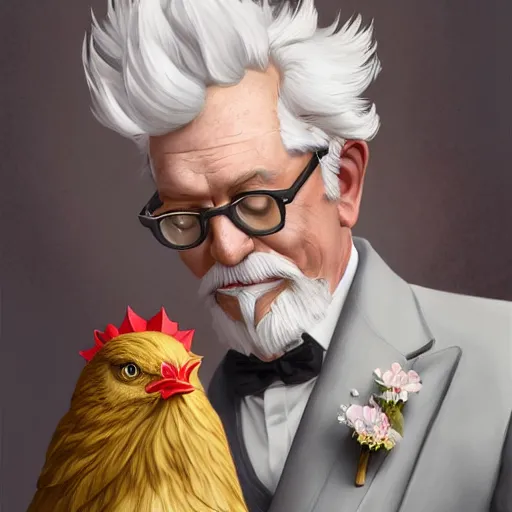 Image similar to closeup of Colonel Sanders getting married to a chicken, modern setting, intricate, elegant, highly detailed, digital painting, artstation, concept art, matte, sharp focus, illustration, hearthstone, art by Artgerm and Greg Rutkowski and Alphonse Mucha