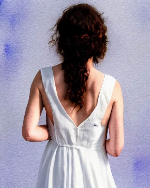 Image similar to watercolor picture of a beautiful young woman in white dress, from the back, looking at the camera, high key, 8k