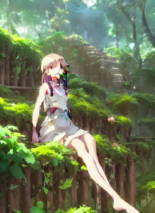 Prompt: girl sitting on a stone stair under a vine rack, many green plant and flower gowing on it, illustration concept art anime key visual trending pixiv fanbox by wlop and greg rutkowski and makoto shinkai and studio ghibli