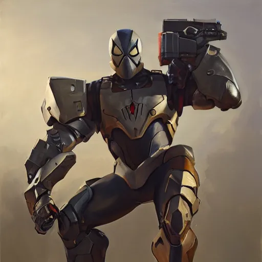 Image similar to greg manchess portrait painting of armored spiderman as overwatch character, medium shot, asymmetrical, profile picture, organic painting, sunny day, matte painting, bold shapes, hard edges, street art, trending on artstation, by huang guangjian, gil elvgren, ruan jia, greg rutkowski, gaston bussiere