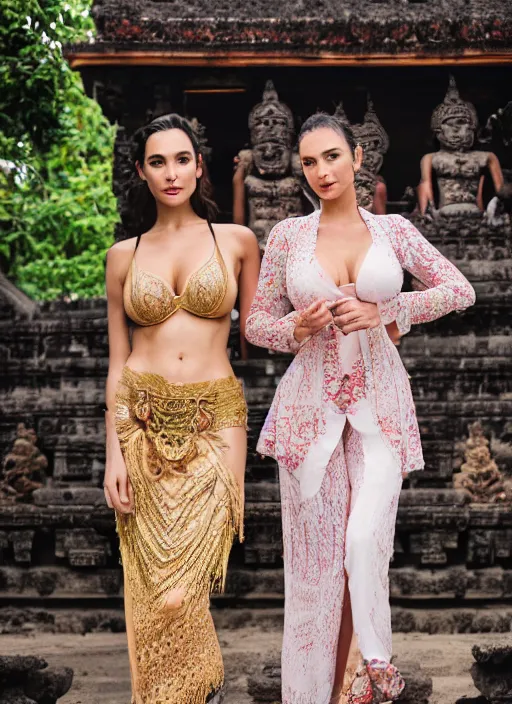 Image similar to portrait of gal gadot and lindsey pelas wearing kebaya in bali temple, by charlotte grimm, natural light, detailed face, beautiful features, symmetrical, canon eos c 3 0 0, ƒ 1. 8, 3 5 mm, 8 k, medium - format print, half body shot