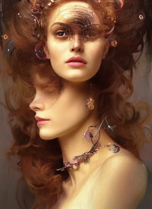 Image similar to a highly detailed photo of very intricate female face portrait, futurism, rococo cyber neon lighting, detailed futuristic fibonacci jewelry, profile posing, hyper photorealistic, trending in pinterest, cinematic, 4 k ultra hd, by denis villeneuve tom anders zorn hans dragan bibin thoma greg rutkowski ismail inceoglu illustrated sand storm alphonse mucha