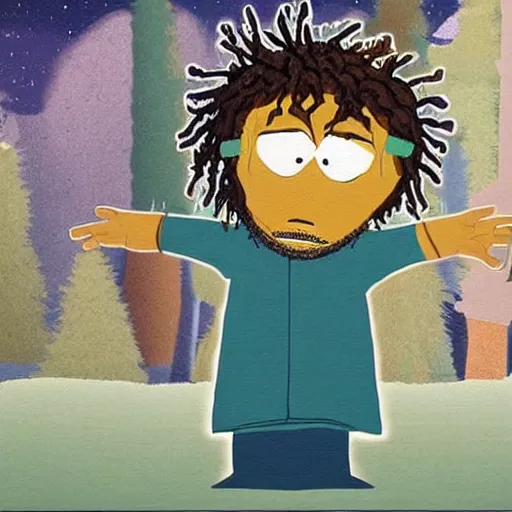 Image similar to a highly detailed painting of a boy with dreadlocks and a beard in the virtual reality of southpark, he does a lot of mischief and dances with the other members of the series