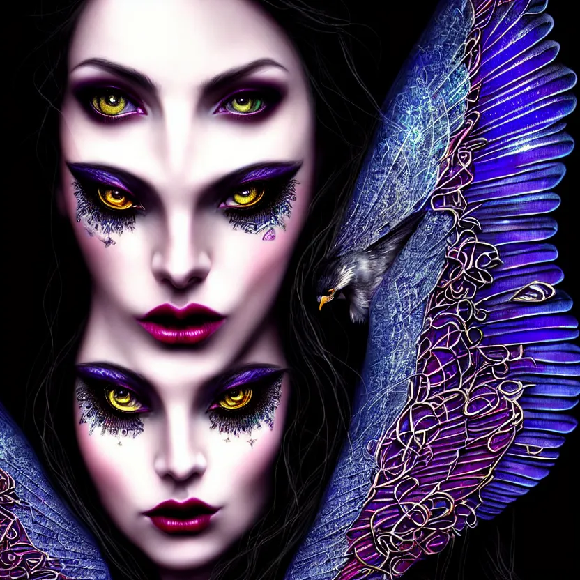 Image similar to close up portrait on the enchanting femenine witch, hyper attractive, seductive, very complex, hyper-maximalist, overdetailed, legendary cinematic, darkfantasy, archetype with timeless beauty breathtaking eyes & glowing wings, collossal moon rising behind her with bird shadows, highly intricate, digital art, very elegant, HDR 8K, biblical art, realism, incomprehensible yet perspicious detail, unbeatable quality, silent hill aesthetic, photorealistic, lifelike, DSLR 8k, unbeatable coherency, Omnious intricate, octane render, created Nixeu & z--ed from deviantart