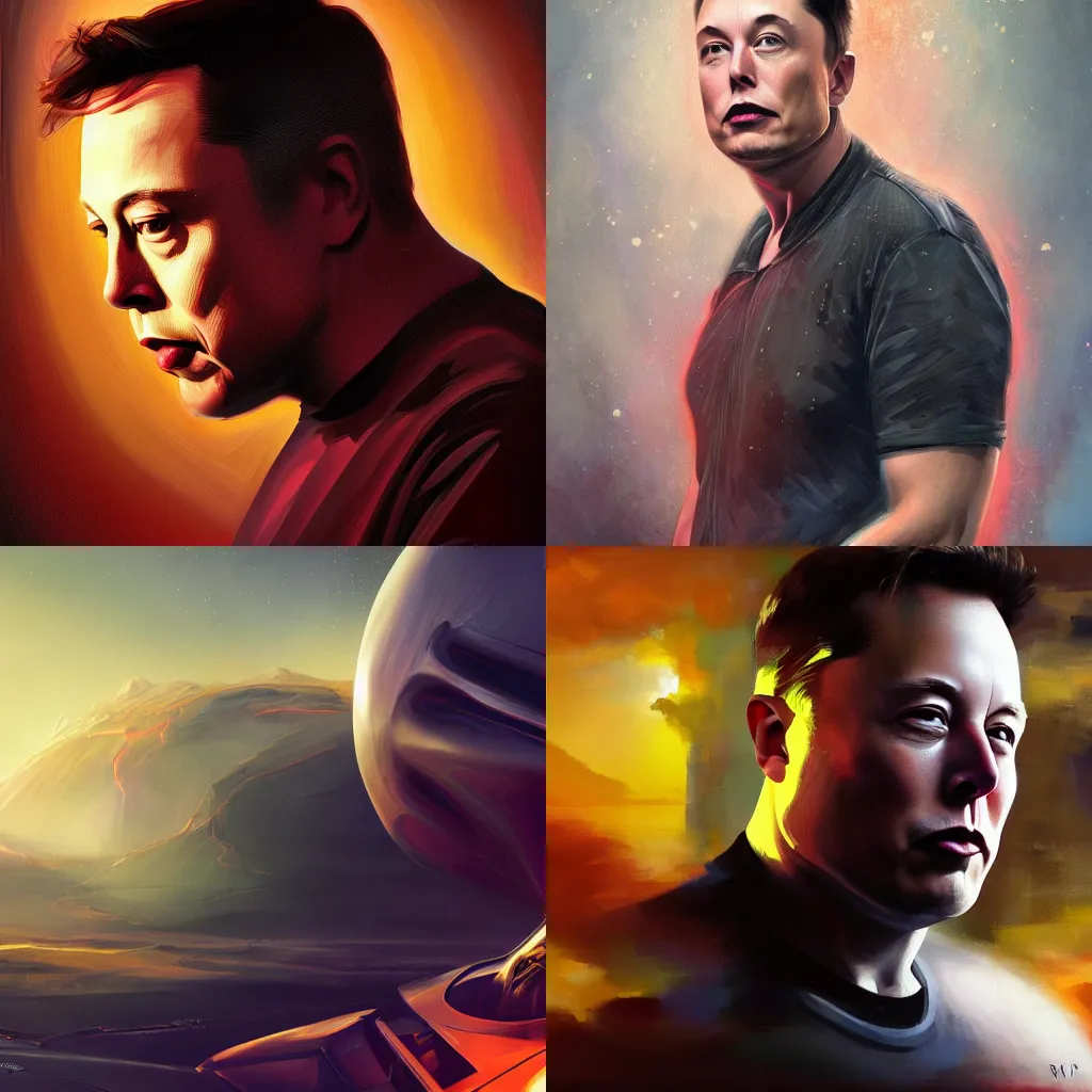 Prompt: Elon Musk, expressive beautiful painting, award winning, trending on artstation, deviantart, mastercraft, raytraced, detailed, high quality, key visual, sharp, backlit, gorgeous lighting, HDR, ultrahd, 4k, 8k, ultra-high resolution