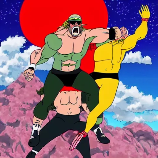 Prompt: hulk hogan hits a prone kenny g with his leg drop finisher, anime in the style of studio ghibli,