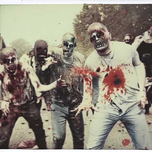 Prompt: a crime scene polaroid color photo of a zombie attack