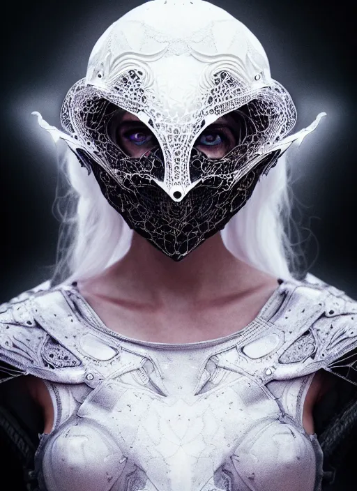 Image similar to lace armor witchy dark, iris van herpen, helmet on face, portrait, voluminous, masterpiece, intricate, highly detailed, artstation, dreamy ghost, concept art