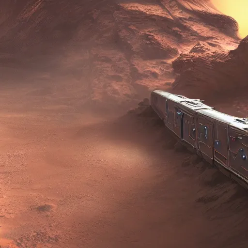 Prompt: an intricate, detailed matte painting of an alien train on mars with a winged creature flying over it, dusty, dramatic lighting, 4k, trending on artstation