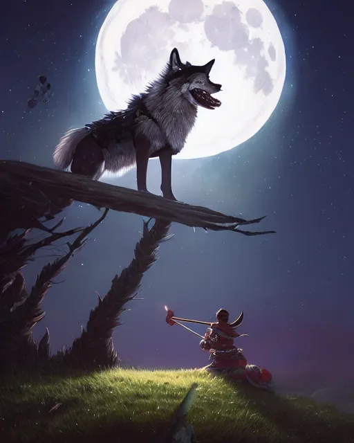 Image similar to highly detailed surreal vfx portrait of a samurai wolf in front of a full moon, stephen bliss, unreal engine, greg rutkowski, loish, rhads, beeple, makoto shinkai and lois van baarle, ilya kuvshinov, rossdraws, tom bagshaw, alphonse mucha, global illumination, detailed and intricate environment