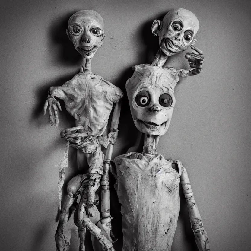 Image similar to creepy ventriloqiest dummy in the style of Roger Ballen, 4k, bw, portrait