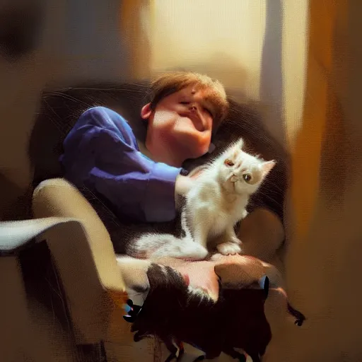 Prompt: a teenage boy smiling at the kitten in his lap. By Craig Mullins and Jordan Grimmer