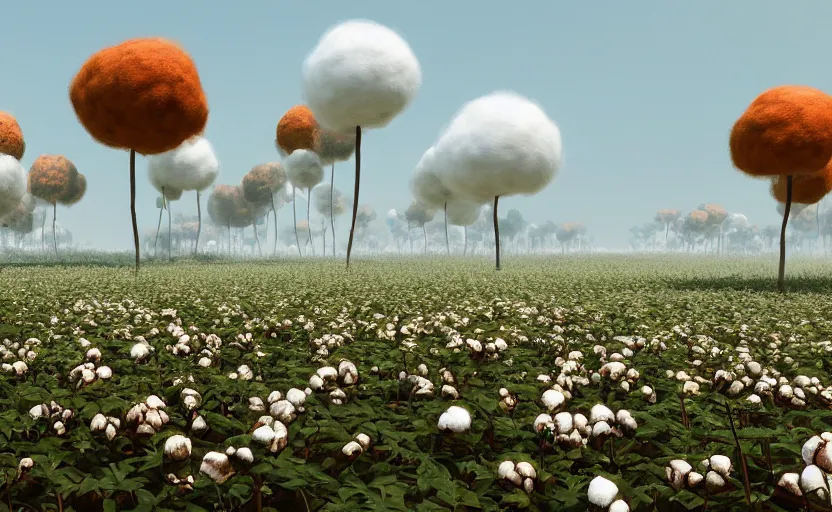 Image similar to explosions in the form of realistic cotton plants on harbour bridge, huge cotton plants everywhere, smooth, sharp focus, highly detailed, 3 d octane render, epic lighting, crazy atmosphere, lots of cotton plants, 8 k, by goro fujita