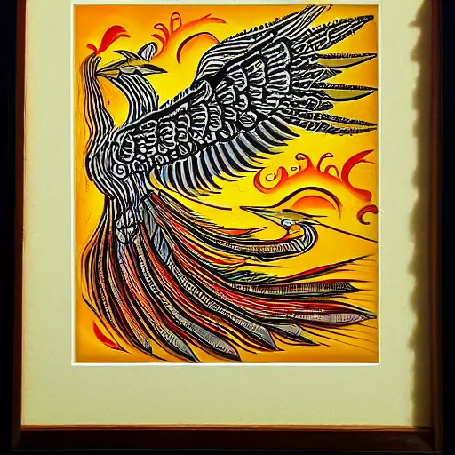 Image similar to a bird rising above the flames, mexican folk art, native american folk art, relief engraving, framed art, intricate abstract, mild expressionism, award winning