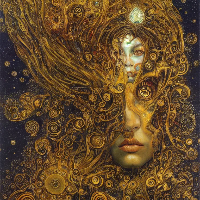 Image similar to Divine Chaos Engine by Karol Bak, Jean Deville, Gustav Klimt, and Vincent Van Gogh, beautiful visionary mystical portrait, sacred, otherworldly, fractal structures, Surreality, ornate gilded medieval icon, third eye, spirals