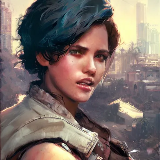 Image similar to fallout 5 miami, charismatic beautiful rugged brunette female protagonist, portrait, outdoors tropical cityscape, atmospheric lighting, painted, intricate, volumetric lighting, beautiful, daytime, sunny weather, few clouds, sharp focus, deep colours, ultra detailed, art by krenz cushart and wenjun lin