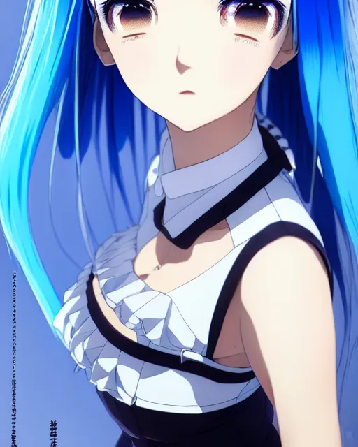 Prompt: portrait Anime Rem re-zero sky-blue hair fine-face, pretty face, realistic shaded Perfect face, fine details. Anime. french-maid outfit realistic shaded lighting by katsuhiro otomo ghost-in-the-shell, magali villeneuve, artgerm, rutkowski Jeremy Lipkin and Giuseppe Dangelico Pino and Michael Garmash and Rob Rey