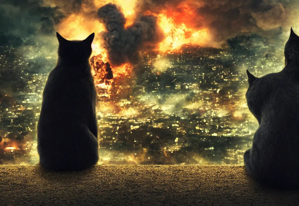Image similar to cinematic movie close up shot from behind, background blur bokeh, old man sitting with black cat watching nuke explosion close up shot from behind, world ending nuke, 4 k