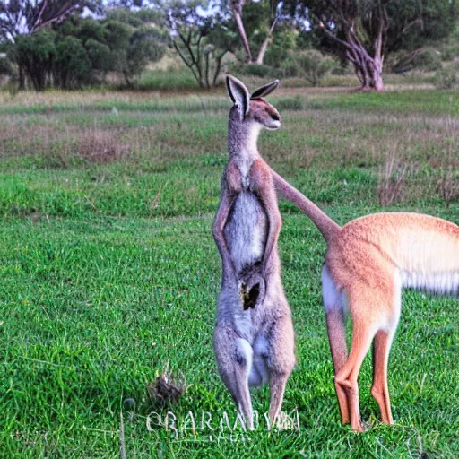 Image similar to a kangaroo and a very cute white rural dog photograph, high quality, award winning