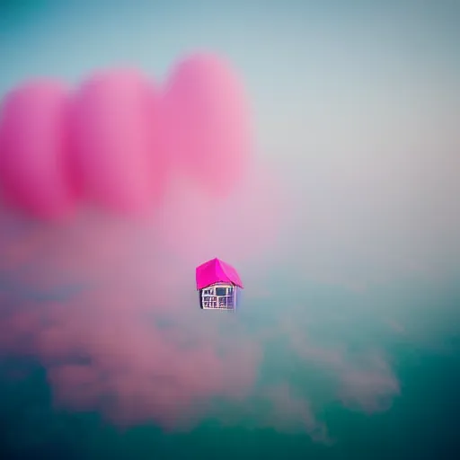 Image similar to a 5 0 mm lens photograph of a cute pink floating modern house, floating in the air between clouds, inspired by the movie up, held up from above by heart ballons. mist, playful composition canon, nikon, award winning, photo of the year