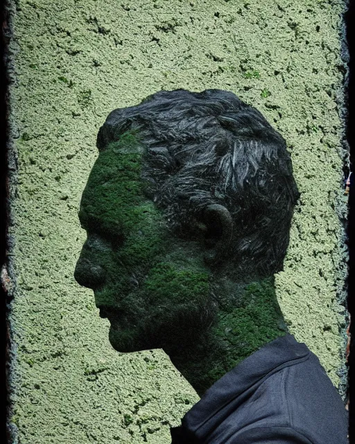 Prompt: a man's face in profile, made of moss, in the style of the dutch masters and gregory crewdson, dark and moody