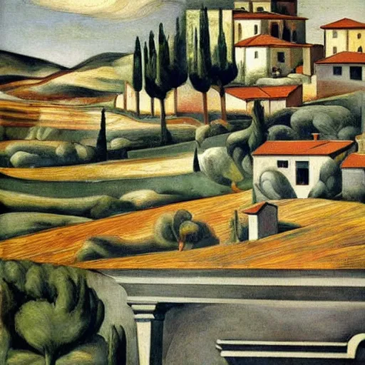 Prompt: dreaming tesla in toscana landscape with modern houses, painted by Giorgio de Chirico, highly detailed