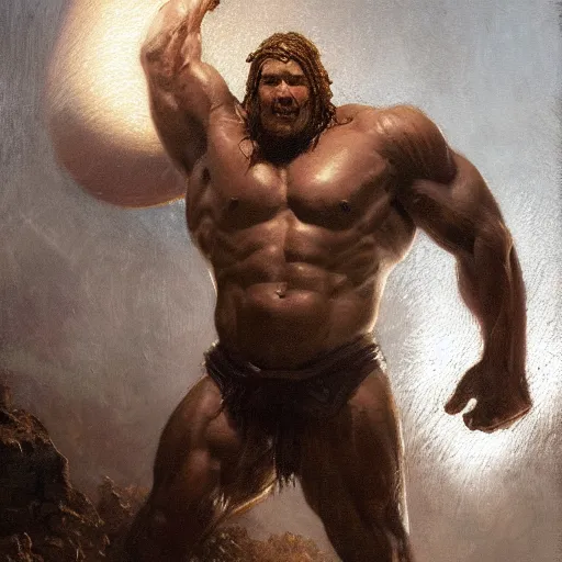 Prompt: handsome portrait of a minotaur bodybuilder posing, radiant light, caustics, war hero, steel bull run, by gaston bussiere, bayard wu, greg rutkowski, giger, maxim verehin