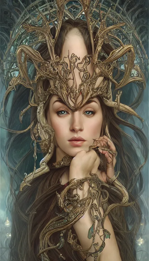 Image similar to a oil painting of a elven queen, cute, fantasy, intricate, elegant, highly detailed, centered, digital painting, artstation, concept art, smooth, sharp focus, illustration, art by artgerm and h r giger and alphonse mucha