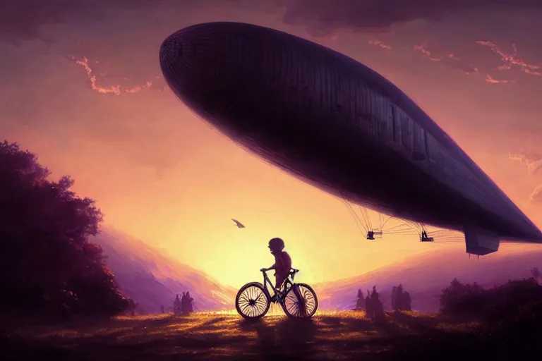 Image similar to kid rides a bicycle waving good bye to the airship at sunset, in the style of greg rutkowski, intricate and epic composition, purple by caravaggio, insanely quality, highly detailed, masterpiece, purple light, artstation, 4 k