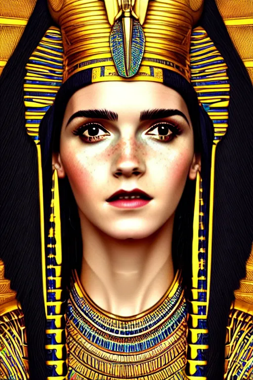 Image similar to Cleopatra portrait, Emma watson, intricate art deco leaf designs elegant highly detailed egyptian patterns hieroglyph sharp focus art by artgerm